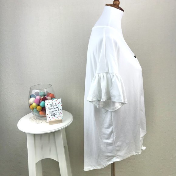 Reborn J White Button Up Tie Front Ruffle Short Sleeve Top - Picture 7 of 14